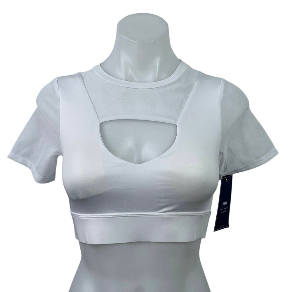 NEW J. Ing Women's White Short Sleeve Cutout Mesh Crew Neck Crop Top Size XS